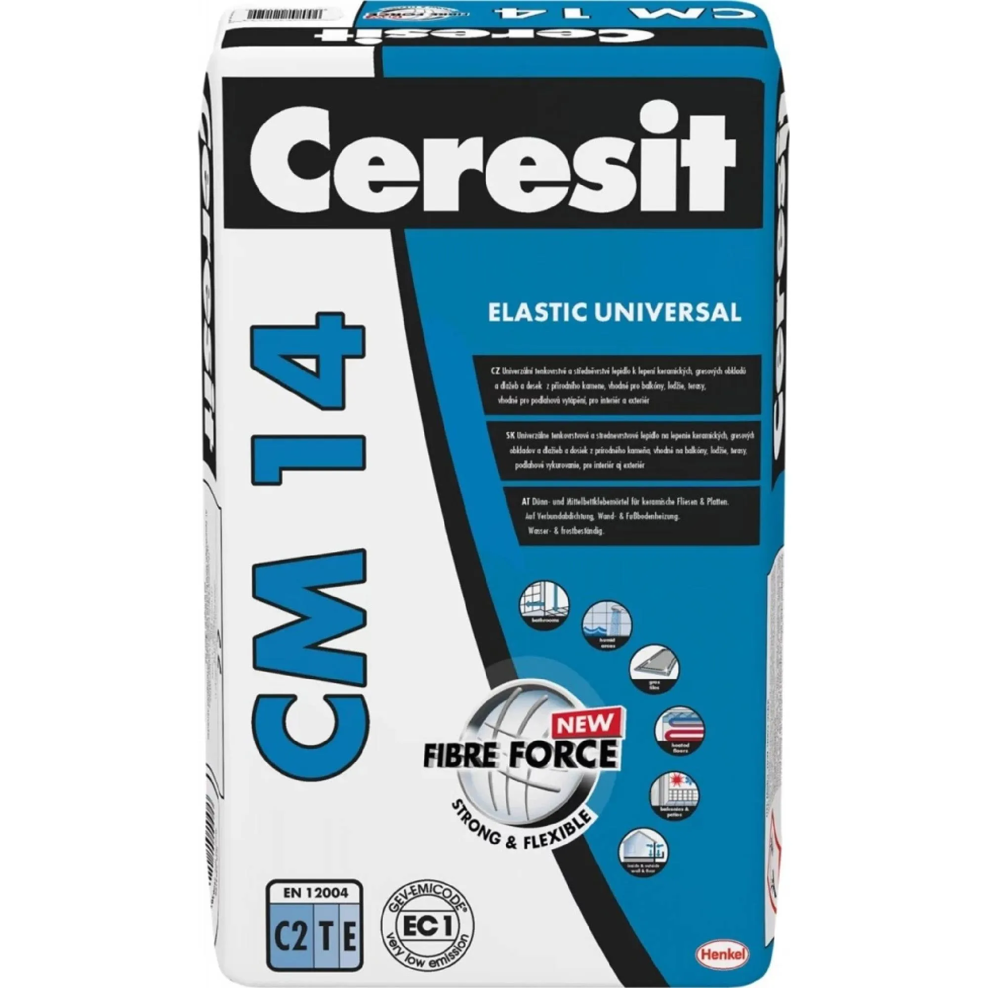lepidlo   HENKEL CERESIT CM 14 Elastic Universal, vyztužené vlákny, na nenasákavé dlažby a kámen, C2TE, 25kg